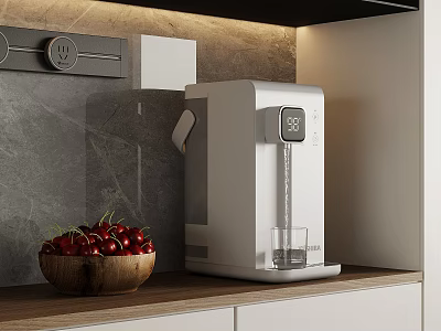Wooden Kitchen Countertop With White Water Dispenser And Bowl Of Red Cherries On Gray Wall 3d model