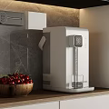 Wooden Kitchen Countertop With White Water Dispenser And Bowl Of Red Cherries On Gray Wall