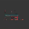 Cartoon Gas Station With Red Building Blue Roof Gas Pumps Street Lamp And Tires