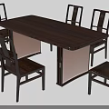 Dark Wooden Rectangular Dining Table Set With Six Matching Chairs For Home Use 3d model