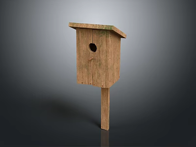 Rustic Wooden Birdhouse With Sloped Roof Small Entry Hole And Wooden Pole Base 3d model