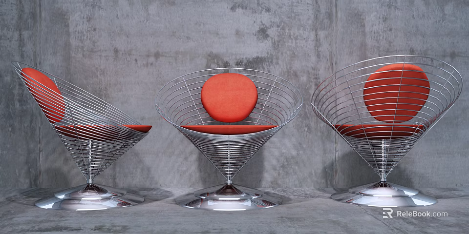 Modern Office Chair With Metal Wireframe Structure And Red Cushion Design 3d model 