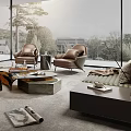 Modern Living Room Interior With Sectional Sofa Coffee Table Armchairs And Floor to Ceiling Windows