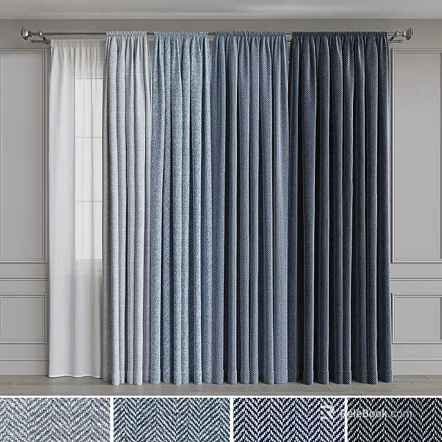 Modern Blue And White Curtains With Soft Fabric Texture And Draped Hanging Style 3d model 