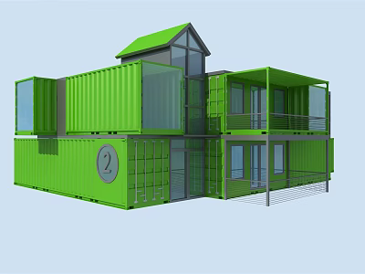 Modern Green Container Building With Multi Level Structure And Large Windows 3d model
