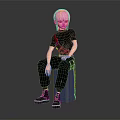 Pink Haired Character Sitting On Blue Cylinder In Black Outfit Against Dark Background