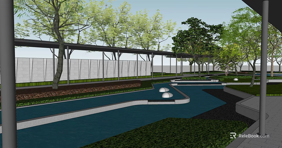 Modern Residential Landscape With Water Features Lush Greenery And Trees 3d model