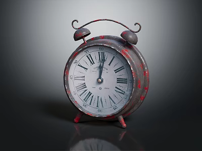 Vintage Alarm Clock with Two Bells Roman Numerals and Red Base on Dark Surface 3d model