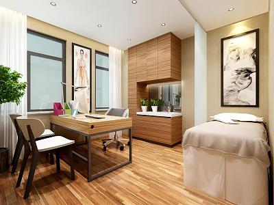 Modern Interior Space With Desk Chair Bed Green Plant And Decorative Paintings 3d model