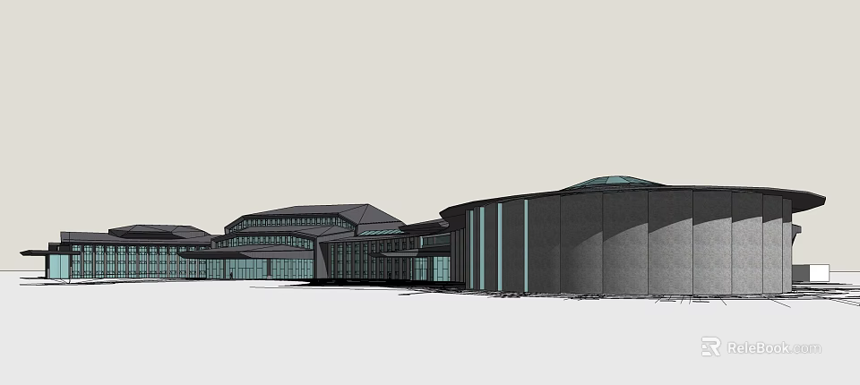 Modern Hotel Building Exterior Design With Curved Roof Large Glass Windows And Vertical Lines 3d model 