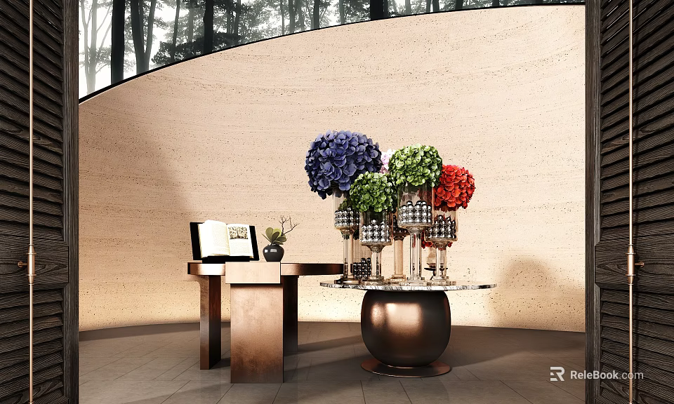 Modern Hotel Lobby Interior With Vibrant Blue Green Red Hydrangeas And Decorative Pedestal Table 3d model 