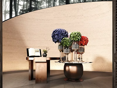 Modern Hotel Lobby Interior With Vibrant Blue Green Red Hydrangeas And Decorative Pedestal Table 3d model