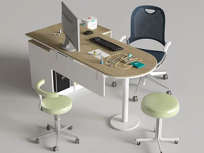 Light Wooden Office Desk With Computer Monitor Keyboard Blue Chair And Green Stools 3d model