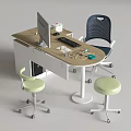Light Wooden Office Desk With Computer Monitor Keyboard Blue Chair And Green Stools
