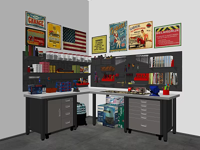 Organized Hardware Tools Workbench With Pegboard Tool Storage And Wall Posters 3d model