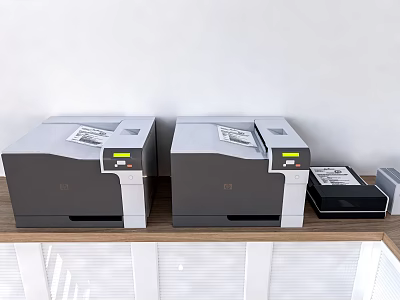 Office Appliances Including Laser Printers And Multifunction Devices On Wooden Shelf For Efficient Office Use 3d model