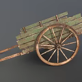 Vintage Old Wooden Cart With Green Planks And Large Worn Wheel