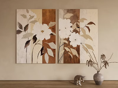 Abstract Painting Floral Design Neutral Tones Diptych Wall Art With Wooden Shelf And Cat Decor 3d model