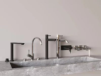 Modern Kitchen Sink Faucets With Sleek Metal Design On Stone Countertop 3d model