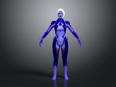 Futuristic Sci Fi Game Movie Character With White Hair Blue Purple Armor And Glowing Details 3d model