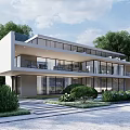 Modern Detached Villa with Green Roof Large Glass Windows Swimming Pool Terrace and Lush Garden