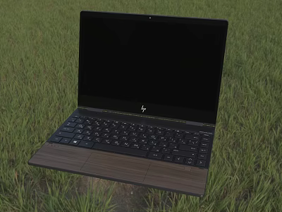 Modern Laptop With Black Screen Black Keyboard And Wooden Palm Rest On Grass 3d model