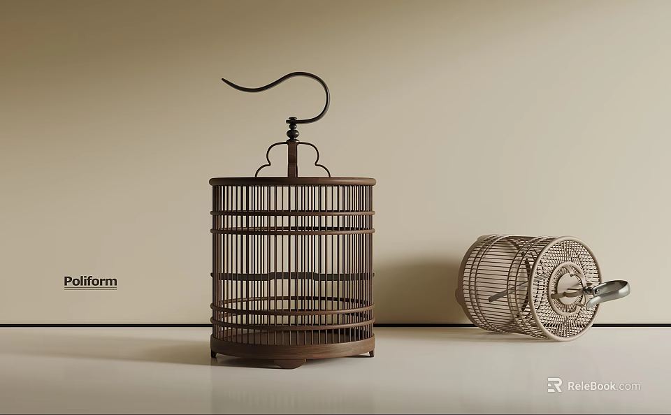 Stylish Brown Standing Birdcage And Tilted Beige Birdcage On Light Colored Wall White Countertop 3d model 