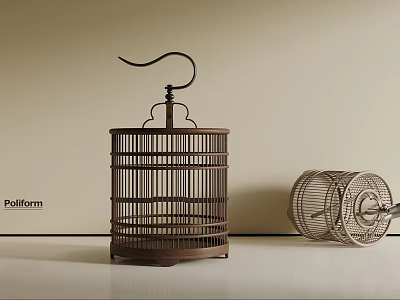 Stylish Brown Standing Birdcage And Tilted Beige Birdcage On Light Colored Wall White Countertop 3d model