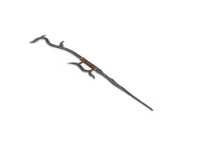 Traditional Curved Metal Polearm Weapon With Wooden Handle And Sharp Spearhead 3d model