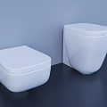 Two White Modern Wall Mounted Toilets In Bathroom With Light Blue Wall And Dark Floor