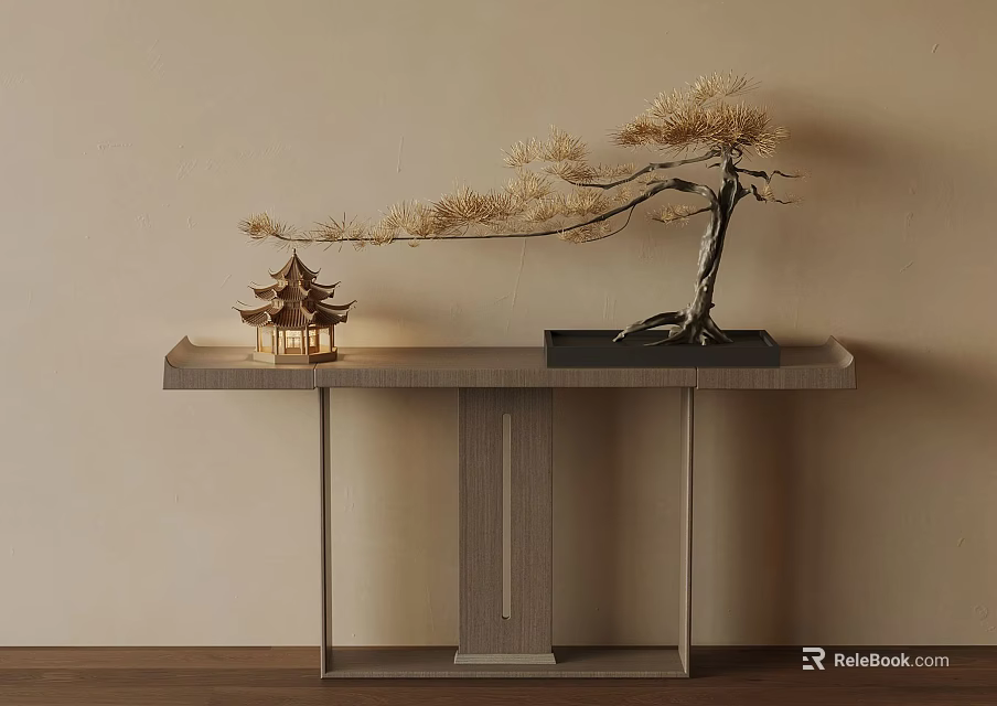 Japanese Style Console Table With Pagoda Lantern And Pine Bonsai Decor 3d model