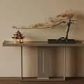 Japanese Style Console Table With Pagoda Lantern And Pine Bonsai Decor 3d model