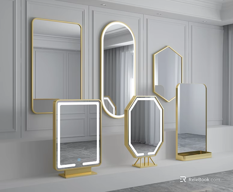 Various Shapes of Golden Framed Modern Decorative Mirrors with Illuminated Design for Living Room 3d model 