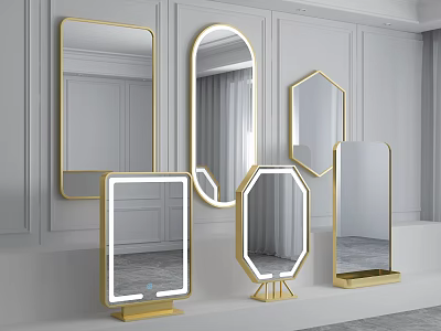 Various Shapes of Golden Framed Modern Decorative Mirrors with Illuminated Design for Living Room 3d model