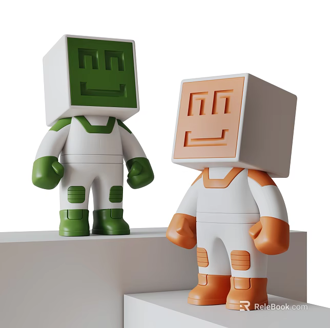 Cute Cube Head Dolls With White Body Green And Orange Details Standing 3d model 