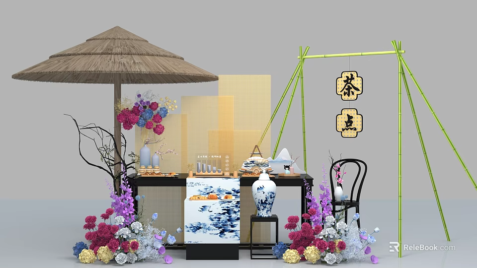 Traditional Chinese Style Interactive Area With Straw Umbrella Bamboo Structure Tea Set And Porcelain Vase 3d model 