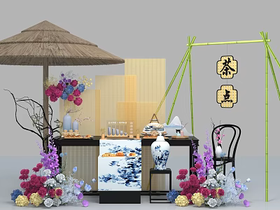 Traditional Chinese Style Interactive Area With Straw Umbrella Bamboo Structure Tea Set And Porcelain Vase 3d model