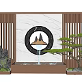 Chinese Style Scenic Wall With Circular Mountain Pattern Wooden Lattice And Pine Tree 3d model