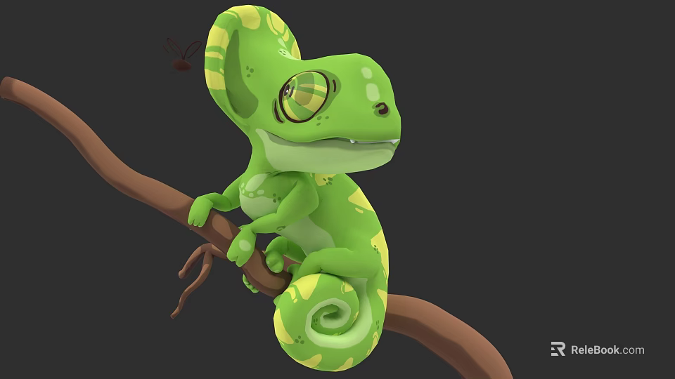 Green Reptile Chameleon With Yellow Spots Sitting On A Branch And Curled Tail 3d model 