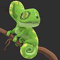 Green Reptile Chameleon With Yellow Spots Sitting On A Branch And Curled Tail