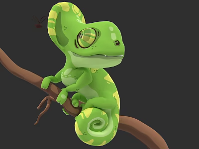 Green Reptile Chameleon With Yellow Spots Sitting On A Branch And Curled Tail 3d model