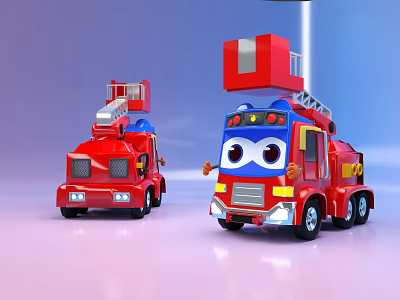 Two Red Cartoon Functional Vehicles With Fire Ladder And Eye Front Design 3d model