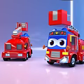 Two Red Cartoon Functional Vehicles With Fire Ladder And Eye Front Design 3d model