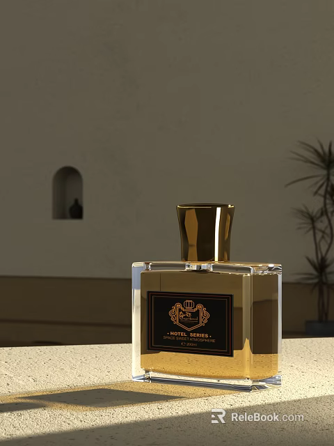 Amber Spice Perfume Transparent Bottle With Golden Cap Black Label Against Minimalist White Wall Background 3d model 