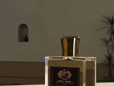 Amber Spice Perfume Transparent Bottle With Golden Cap Black Label Against Minimalist White Wall Background 3d model