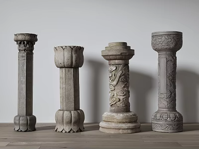 Multiple Traditional Stone Columns With Intricate Carved Patterns And Ancient Designs 3d model