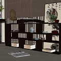 Dark Wood Chinese Style Display Storage Shelf With Tea Sets Decorative Items And Books