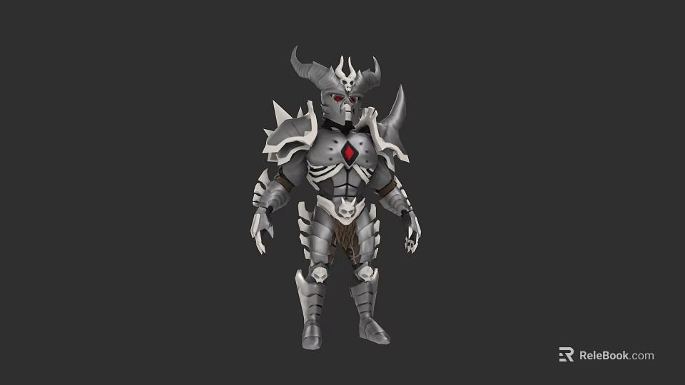 Armored Demon Warrior Character With Horned Helmet Red Eyes Red Gem And Silver Armor 3d model 
