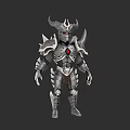 Armored Demon Warrior Character With Horned Helmet Red Eyes Red Gem And Silver Armor