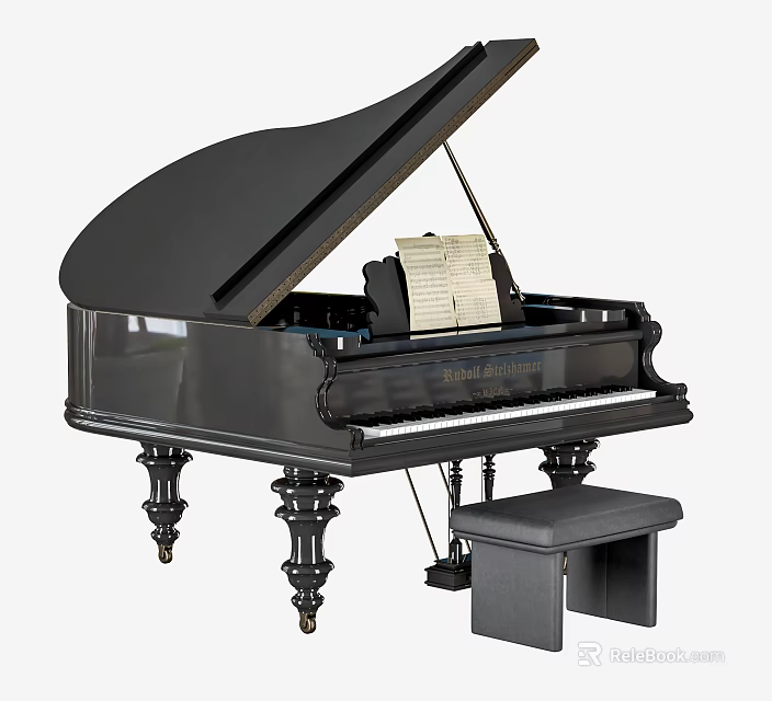Classic Black Grand Piano Musical Instrument With Open Lid Sheet Music And Bench 3d model 